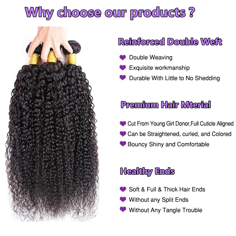 100% Human Hair Bundles - Kinky Curl Natural Black Remy Hair Extensions (8"-30")