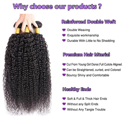 100% Human Hair Bundles - Kinky Curl Natural Black Remy Hair Extensions (8"-30")