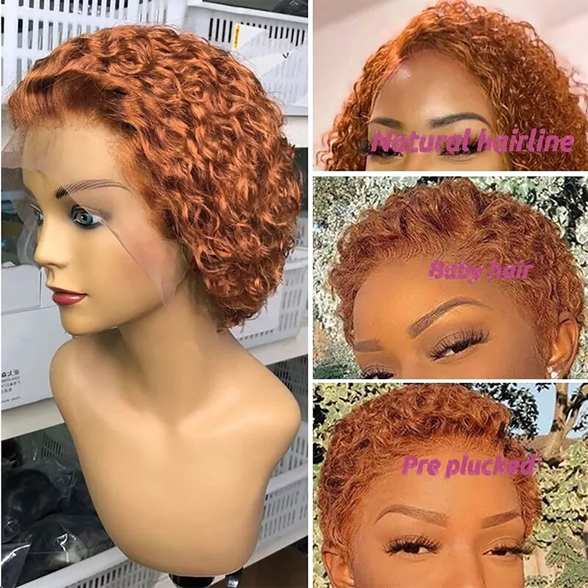 Orange Short Curly Bob Wig – 13x1 Lace Front 100% Human Hair