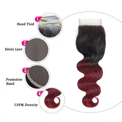 4X4 Lace Closure Body Wave Ombre (1B/99J) 100% Human Hair Closure – Transparent Lace, Burgundy Ombre