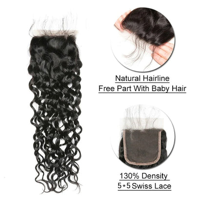 3 Bundles with 5x5 HD Lace Closure Water Wave 100% Virgin Human Hair