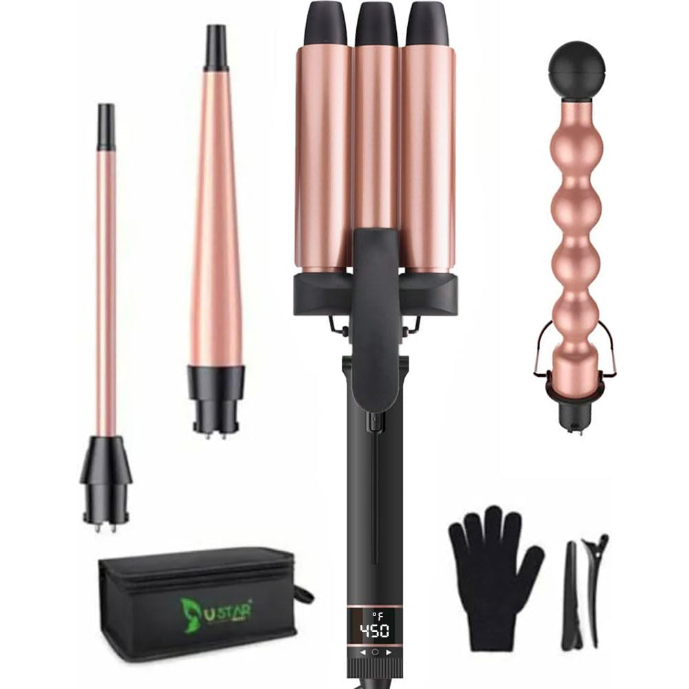 4-In-1 Curling Iron Wand Set with LED Temperature Control | Crimper & Waves