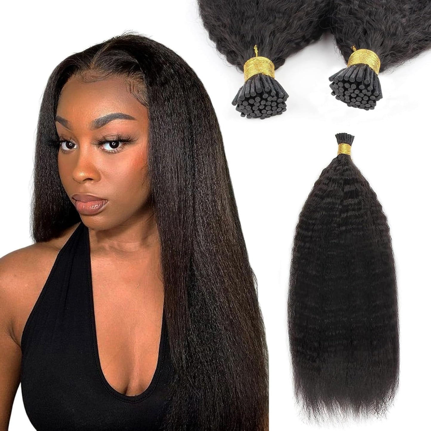 I-tip Premium Hair Extensions Natural Black Kinky Straight – 100% Human Hair, Pre-Bonded, 18"-24"