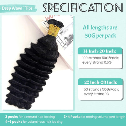 I-tip Premium Hair Extensions Natural Black Deep Wave – 100% Human Hair, Pre-Bonded, 18"-24"