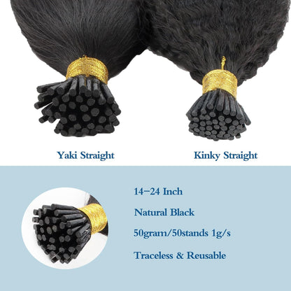 I-tip Premium Hair Extensions Natural Black Kinky Straight – 100% Human Hair, Pre-Bonded, 18"-24"