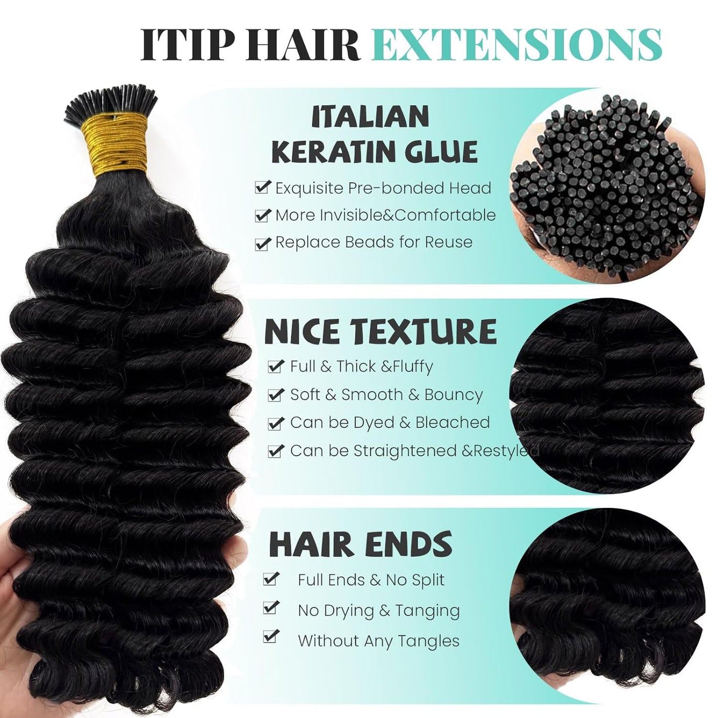 I-tip Premium Hair Extensions Natural Black Deep Wave – 100% Human Hair, Pre-Bonded, 18"-24"