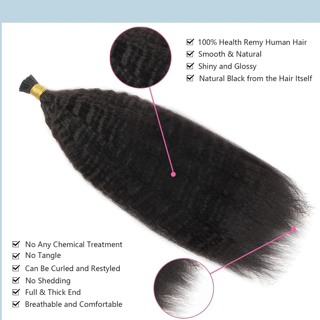 I-tip Premium Hair Extensions Natural Black Kinky Straight – 100% Human Hair, Pre-Bonded, 18"-24"