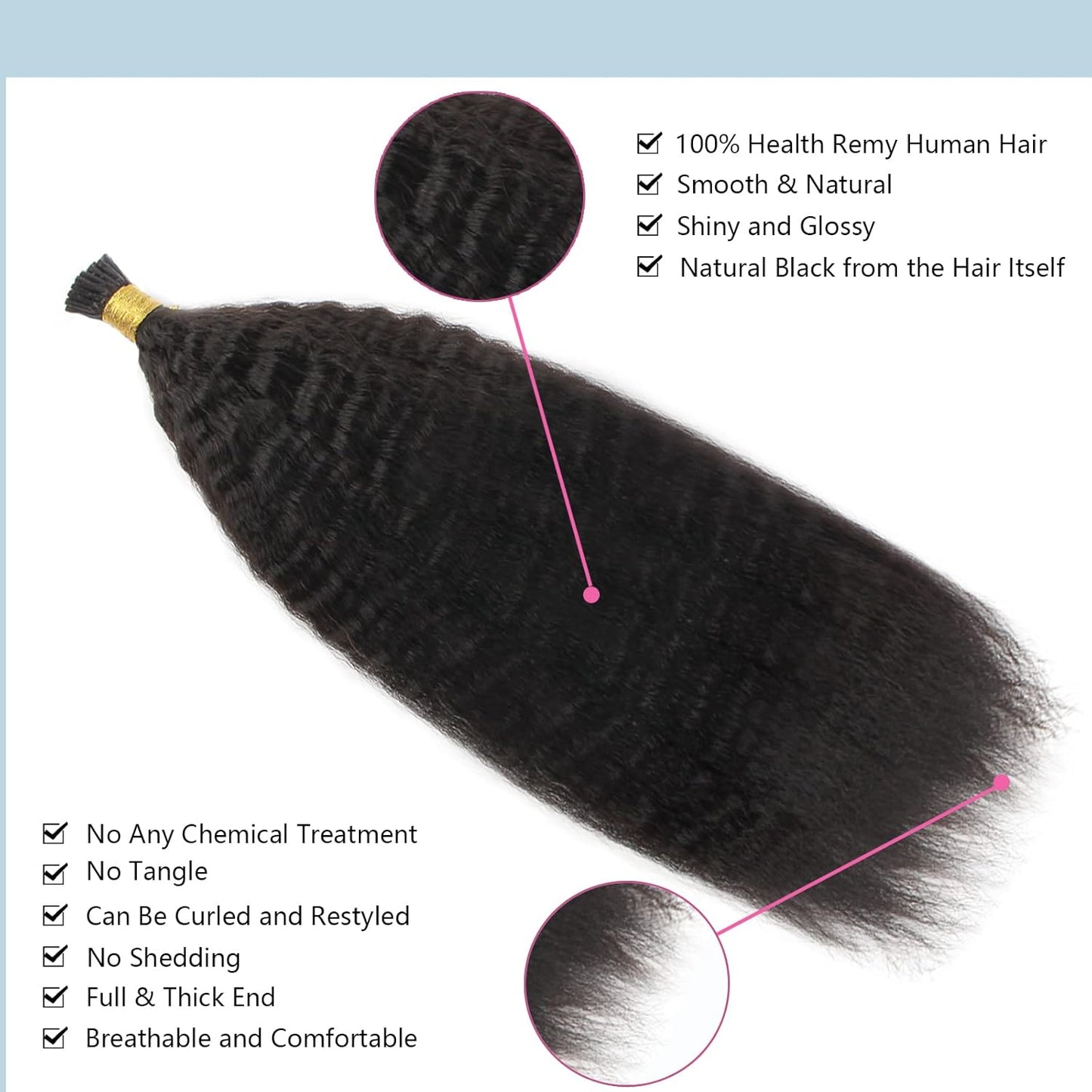 I-tip Premium Hair Extensions Natural Black Kinky Straight – 100% Human Hair, Pre-Bonded, 18"-24"