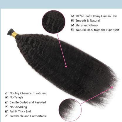 I-tip Premium Hair Extensions Natural Black Kinky Straight – 100% Human Hair, Pre-Bonded, 18"-24"