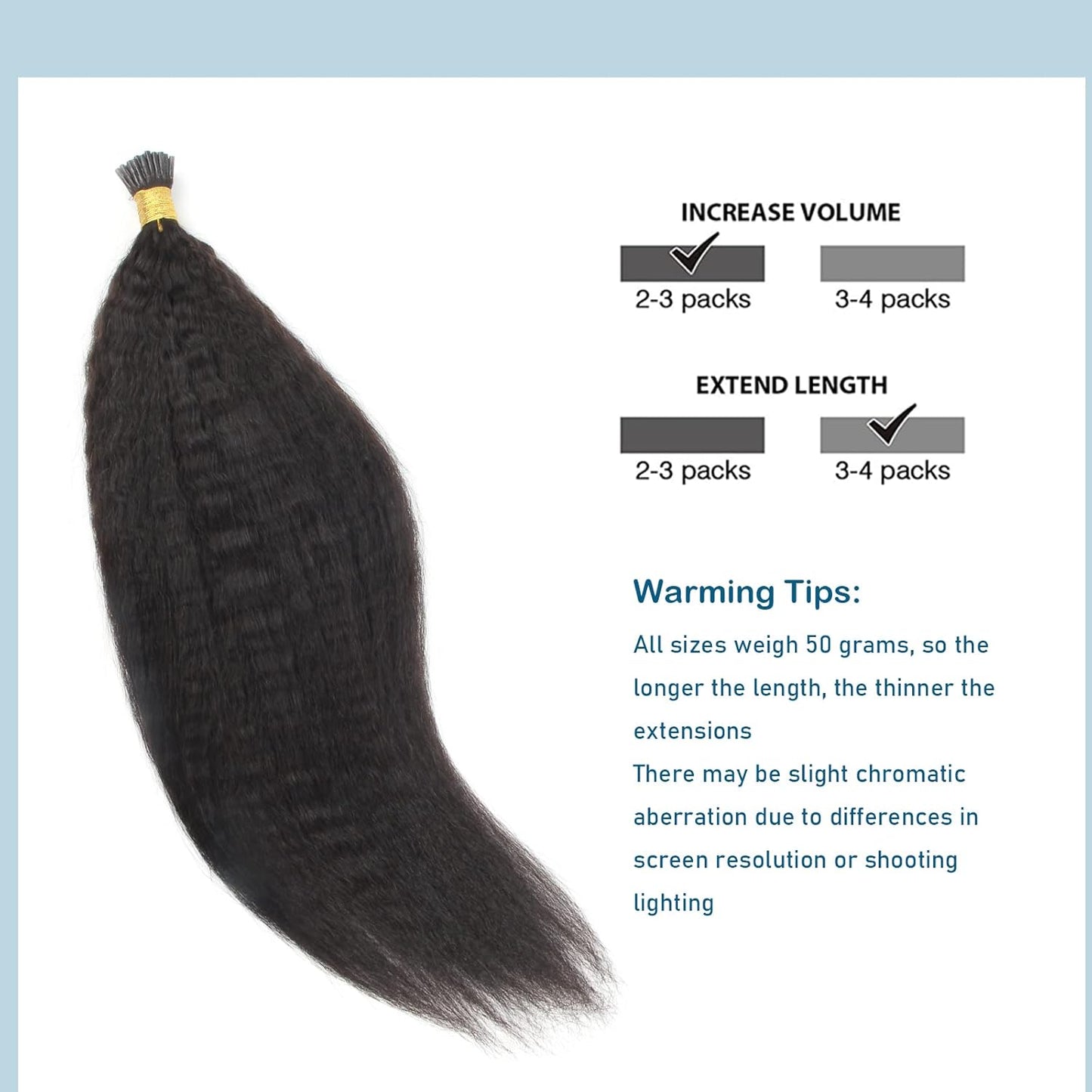 I-tip Premium Hair Extensions Natural Black Kinky Straight – 100% Human Hair, Pre-Bonded, 18"-24"