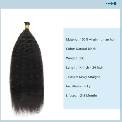 I-tip Premium Hair Extensions Natural Black Kinky Straight – 100% Human Hair, Pre-Bonded, 18"-24"