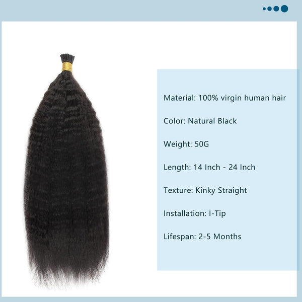 I-tip Premium Hair Extensions Natural Black Kinky Straight – 100% Human Hair, Pre-Bonded, 18"-24"