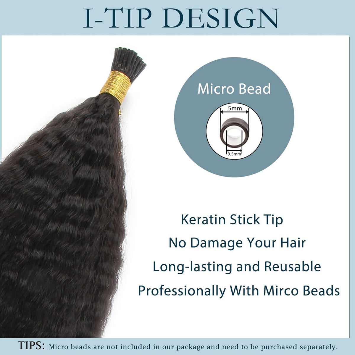 I-tip Premium Hair Extensions Natural Black Kinky Straight – 100% Human Hair, Pre-Bonded, 18"-24"