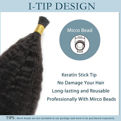 I-tip Premium Hair Extensions Natural Black Kinky Straight – 100% Human Hair, Pre-Bonded, 18"-24"
