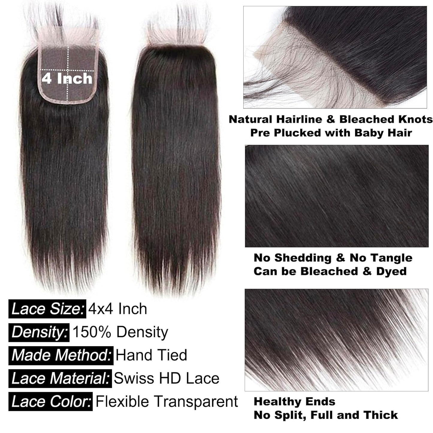 4x4 HD Lace Closure Straight – 100% Unprocessed Brazilian Virgin Human Hair | Pre-Plucked, Skin-Melt HD Lace