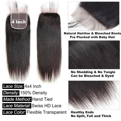 4x4 HD Lace Closure Straight – 100% Unprocessed Brazilian Virgin Human Hair | Pre-Plucked, Skin-Melt HD Lace