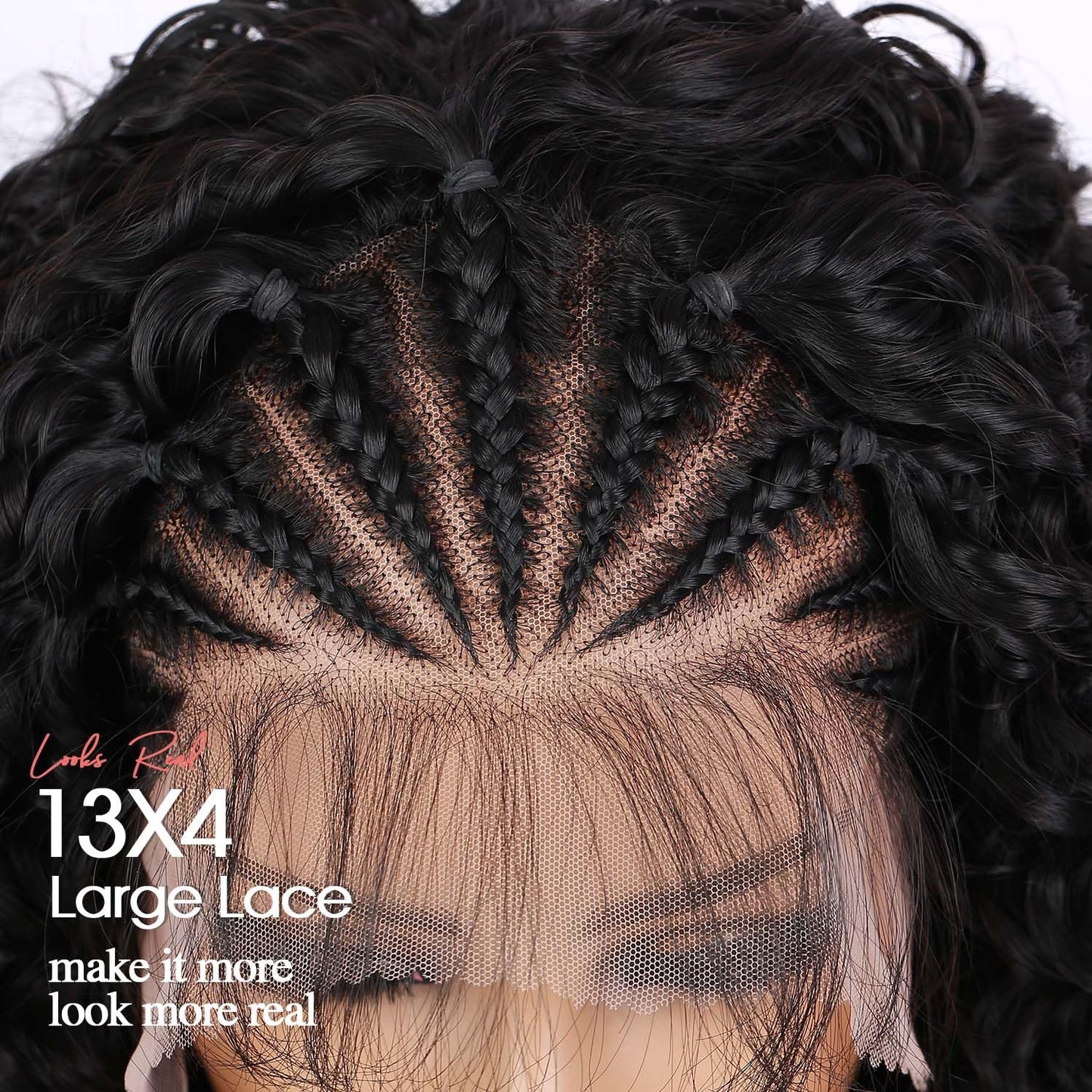 Fancy Hair Cornrow with Curly Braided Wig, Baby Hair Glueless Transparent 13x4 Inch Lace Frontal Wig for Black Women 12 to 16 inches