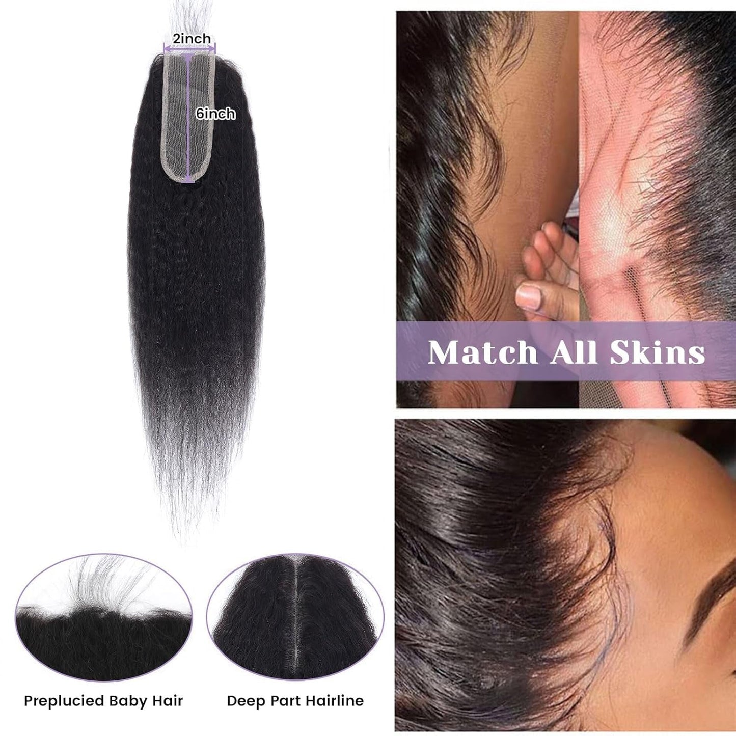 2x6 HD Lace Closure Kinky Straight – Brazilian Natural Color Virgin Human Hair | Pre-Plucked, Skin-Melt HD Lace