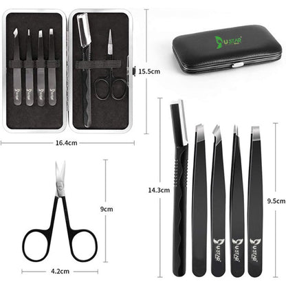 USTAR Eyebrow Tweezers Set 6 Piece Professional Stainless Steel Precision Tweezer for Eyebrows Plucking Ingrown Hair Removal, with Razor and Scissors, Daily Beauty Tool for Women and Men