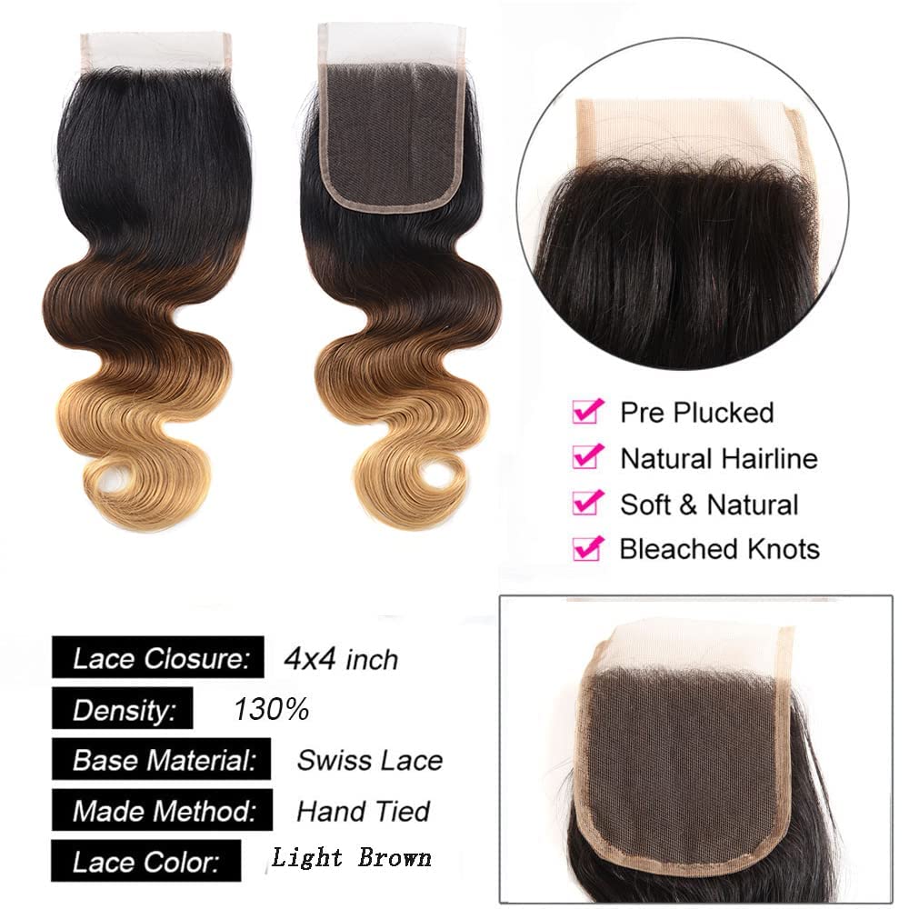 4X4 Lace Closure Body Wave Ombre (1B/427) 100% Human Hair Closure – Transparent Lace, Natural Roots