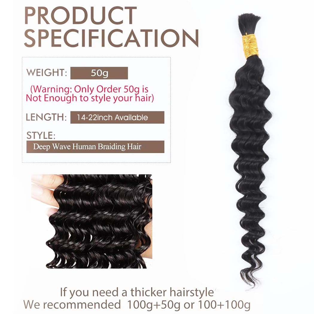 100% Human Hair Boho Braiding Hair - Loose Deep Wave Natural Black 100g/Bundle