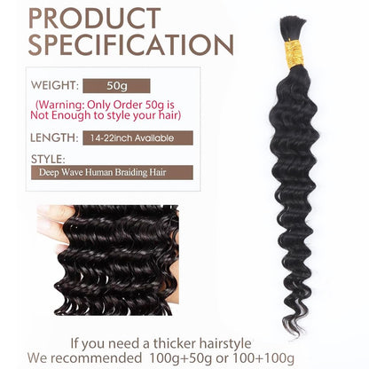 100% Human Hair Boho Braiding Hair - Loose Deep Wave Natural Black 100g/Bundle