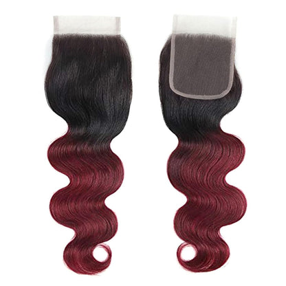 4X4 Lace Closure Body Wave Ombre (1B/99J) 100% Human Hair Closure – Transparent Lace, Burgundy Ombre
