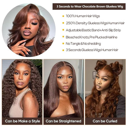 #4 Body Wave 5x5 Lace Closure Glueless Wig  Color medium brown 100% Human Hair Wear and Go Chocolate Brown wig