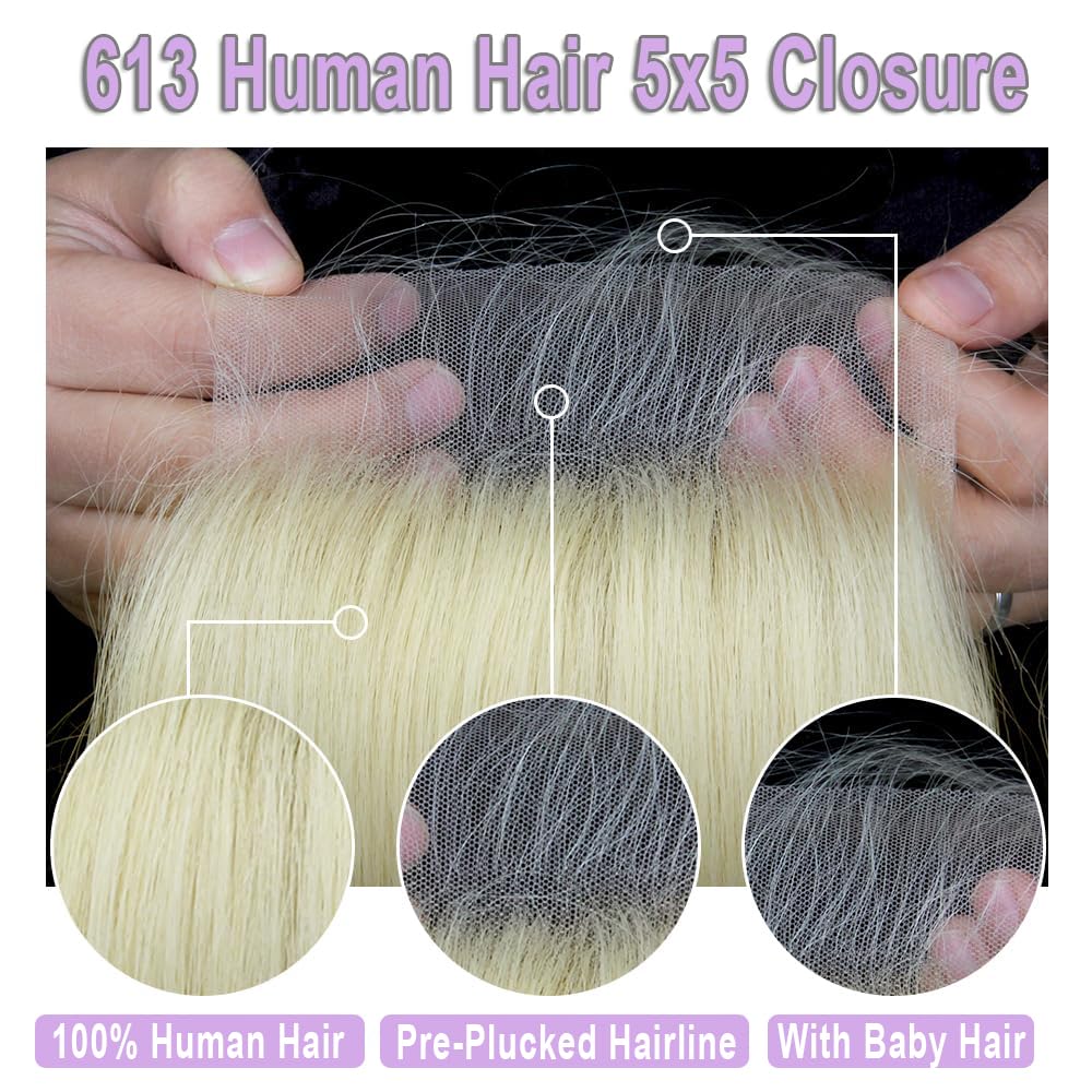 5X5 HD Lace Closure 613 Blonde Human Hair Straight Swiss Lace, Skin-melt Lace, Invisible Lace – Virgin Remy Hair