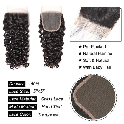 Burmese Curly Human Hair Bundles #1B Natural Black – 100% Unprocessed Virgin Hair，5x5 Transparent Lace Closure (optional)