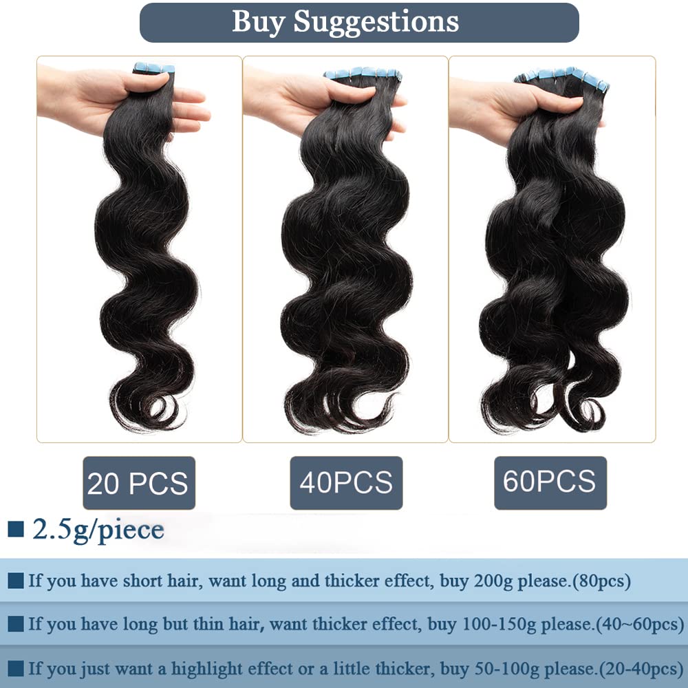 Premium Tape-in Human Hair Natural Color Body Wave – 20Pcs/Pack, Virgin Raw Hair, No Tangle, Seamless Blend