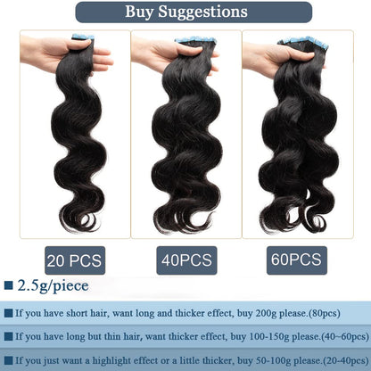 Premium Tape-in Human Hair Natural Color Body Wave – 20Pcs/Pack, Virgin Raw Hair, No Tangle, Seamless Blend