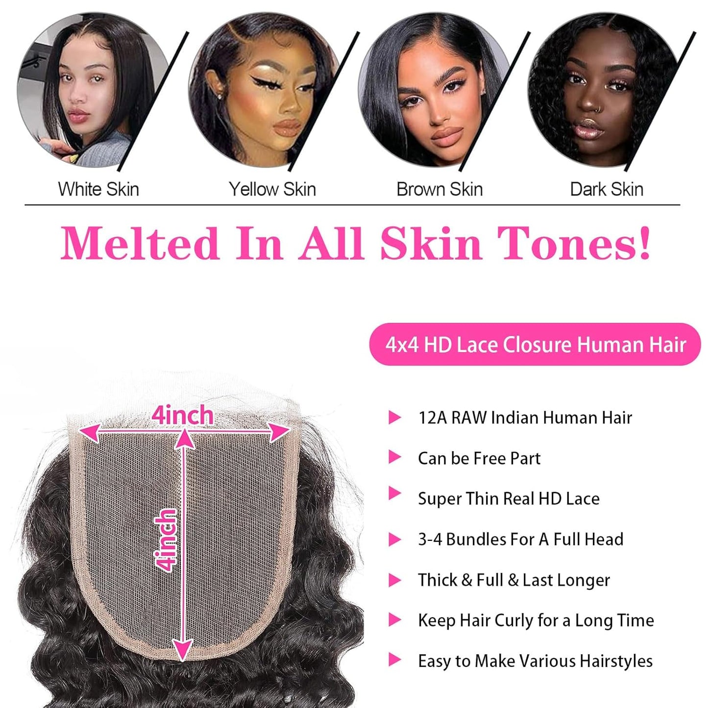 4x4 HD Lace Closure Deep Wave – 100% Unprocessed Brazilian Virgin Human Hair | Pre-Plucked, Skin-Melt HD Lace