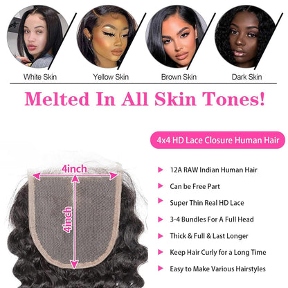 4x4 HD Lace Closure Deep Wave – 100% Unprocessed Brazilian Virgin Human Hair | Pre-Plucked, Skin-Melt HD Lace