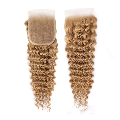 4X4 Lace Closure Deep Wave Honey Blonde (#27) Color 100% Human Hair Closure – Transparent Lace, Warm Tone
