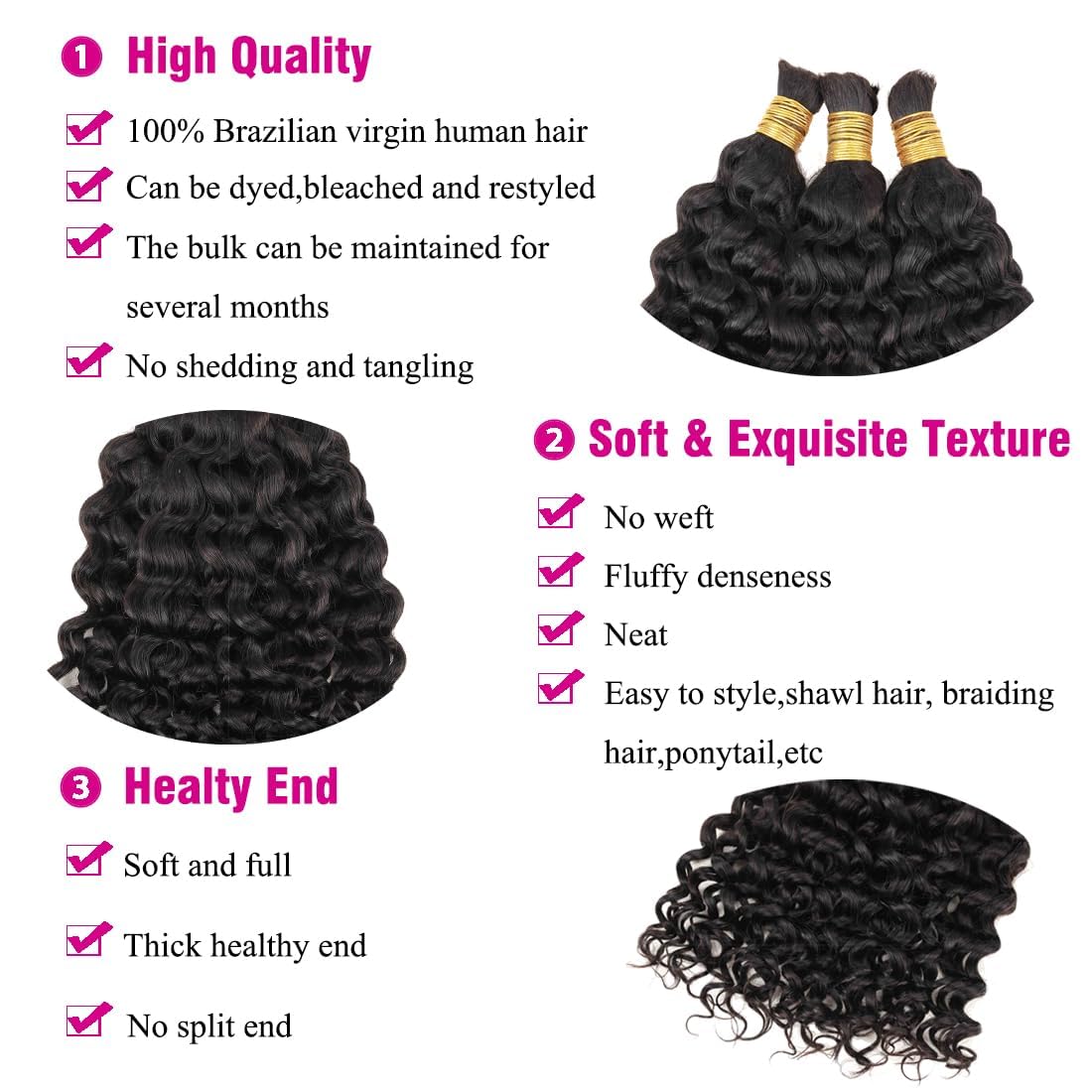 100% Human Hair Boho Braiding Hair - Water Wave Natural Black 100g/Bundle