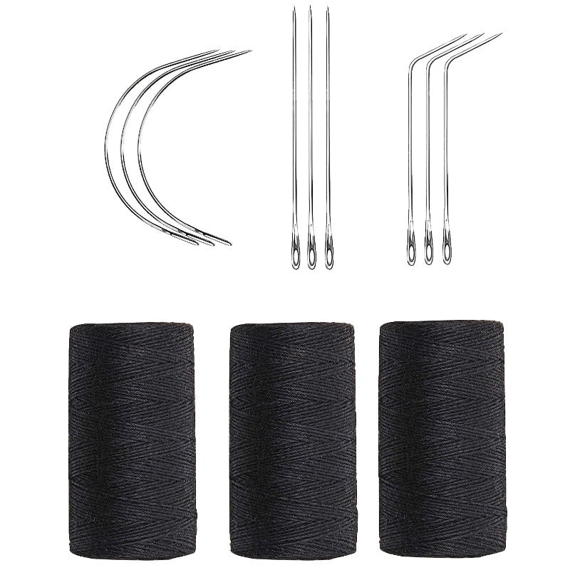 Weaving Needle Combo Deal Black Thread with 10pcs Needle for Making Wig Sewing Hair Weft Hair Weave Extension, Big Medium and Small C J Shape Curved Needle I Needle (3 Thread Black + 9 Needle)