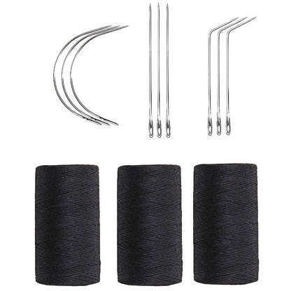 Weaving Needle Combo Deal Black Thread with 10pcs Needle for Making Wig Sewing Hair Weft Hair Weave Extension, Big Medium and Small C J Shape Curved Needle I Needle (3 Thread Black + 9 Needle)