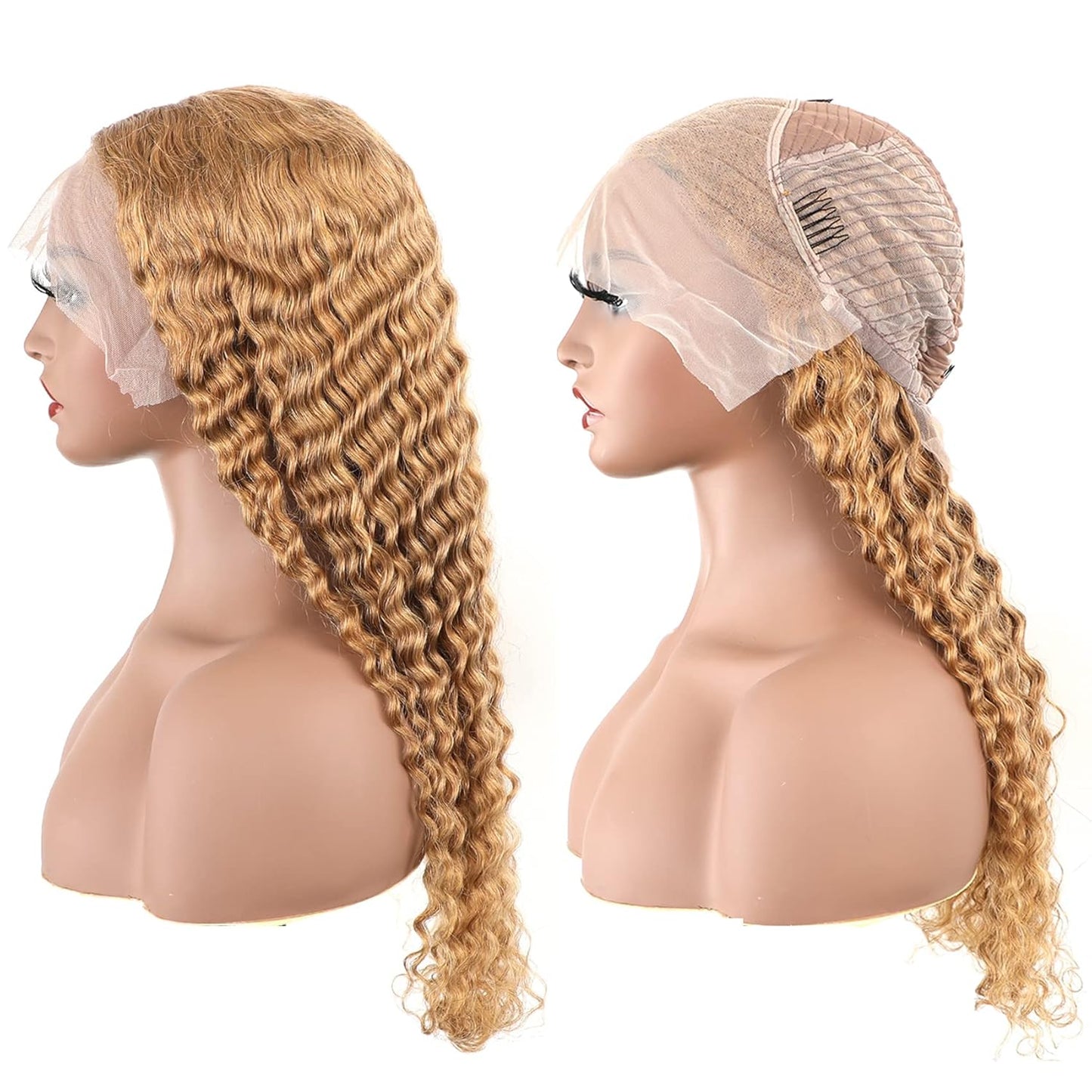 Transparent Lace 13X4 Frontal Wig Color Honey Blonde (#27) Deep Wave 200 Density 100 remy Human Hair
