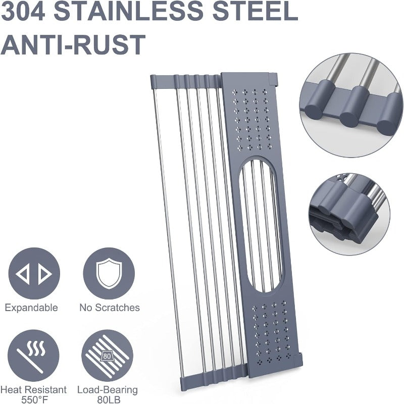 Roll Up Dish Drying Rack 17.5"(L) x 11"(W) - SUS304 Multi-Purpose Rack Rollable Stainless Steel Dish Drainer with Utensil Holder for Kitchen Sink