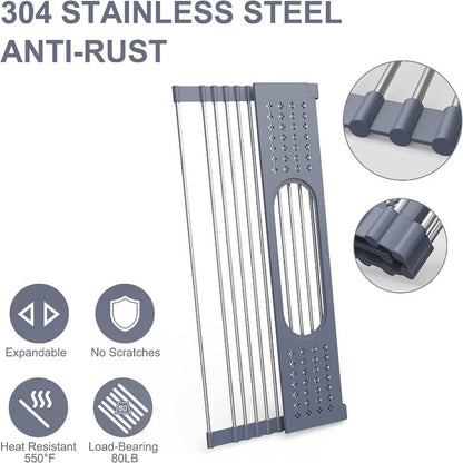 Roll Up Dish Drying Rack 17.5"(L) x 11"(W) - SUS304 Multi-Purpose Rack Rollable Stainless Steel Dish Drainer with Utensil Holder for Kitchen Sink