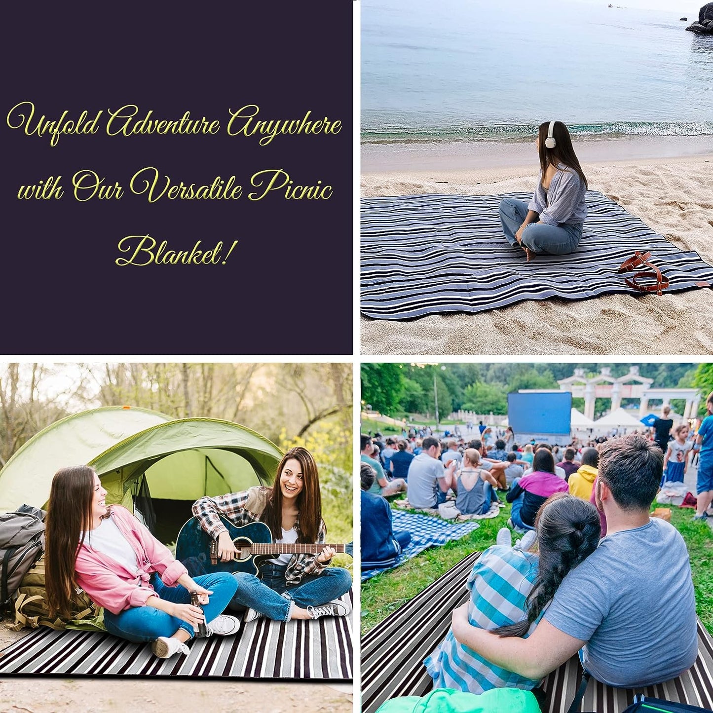 Portable Picnic Blankets, 3 Layer Soft Fleece Blanket for Beach,Camping on Grass, Waterproof, Sandproof, Best Gift for Couple & Families