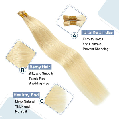 I Tip Premium 613 Blonde Straight Hair Extensions Quality 100% Human Hair – Pre-Bonded, 18"-24", Dyeable