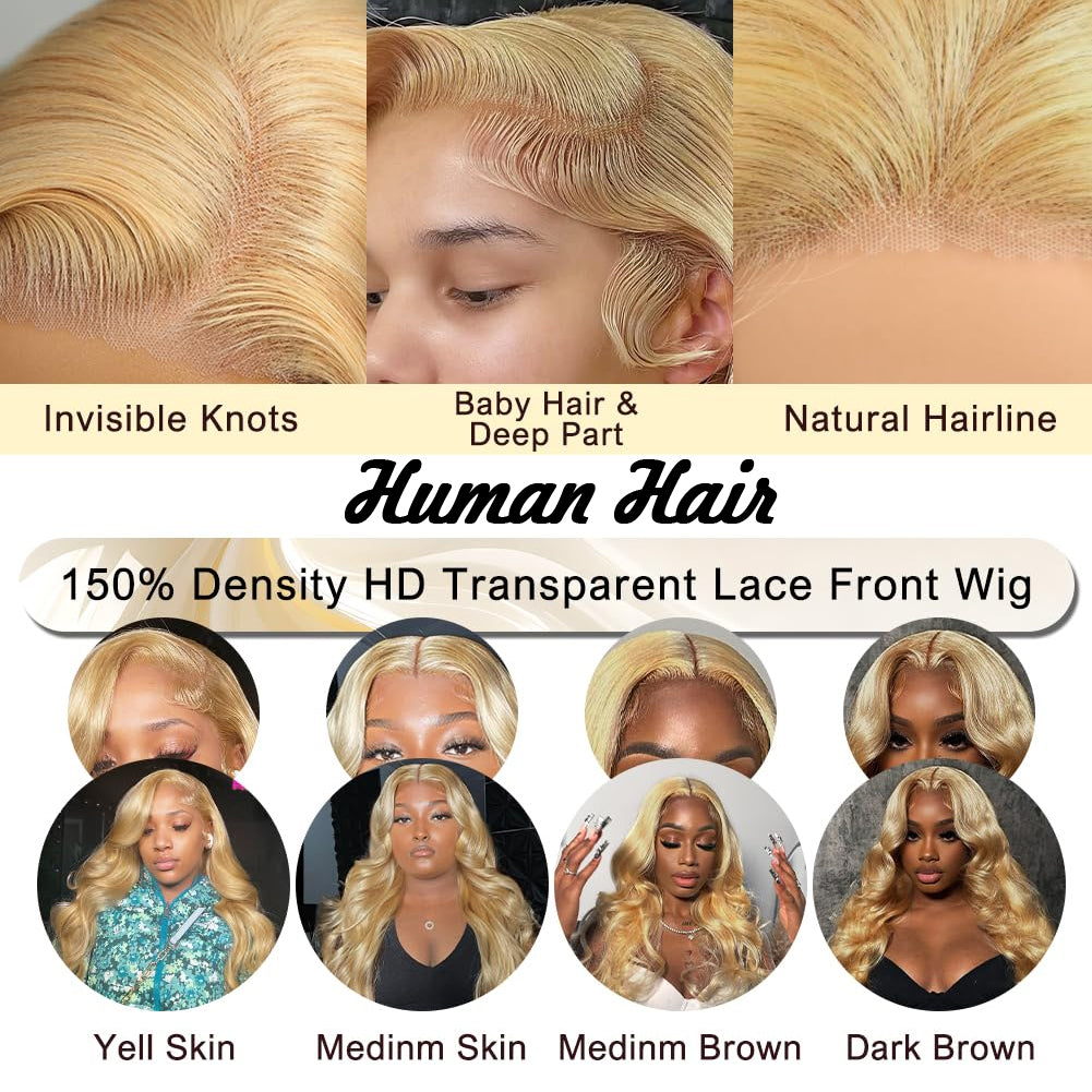 Glueless Lace 13x4 Frontal Wig Color Blonde(613) Body Wave 180 Density Wear and Go Human Hair Wig