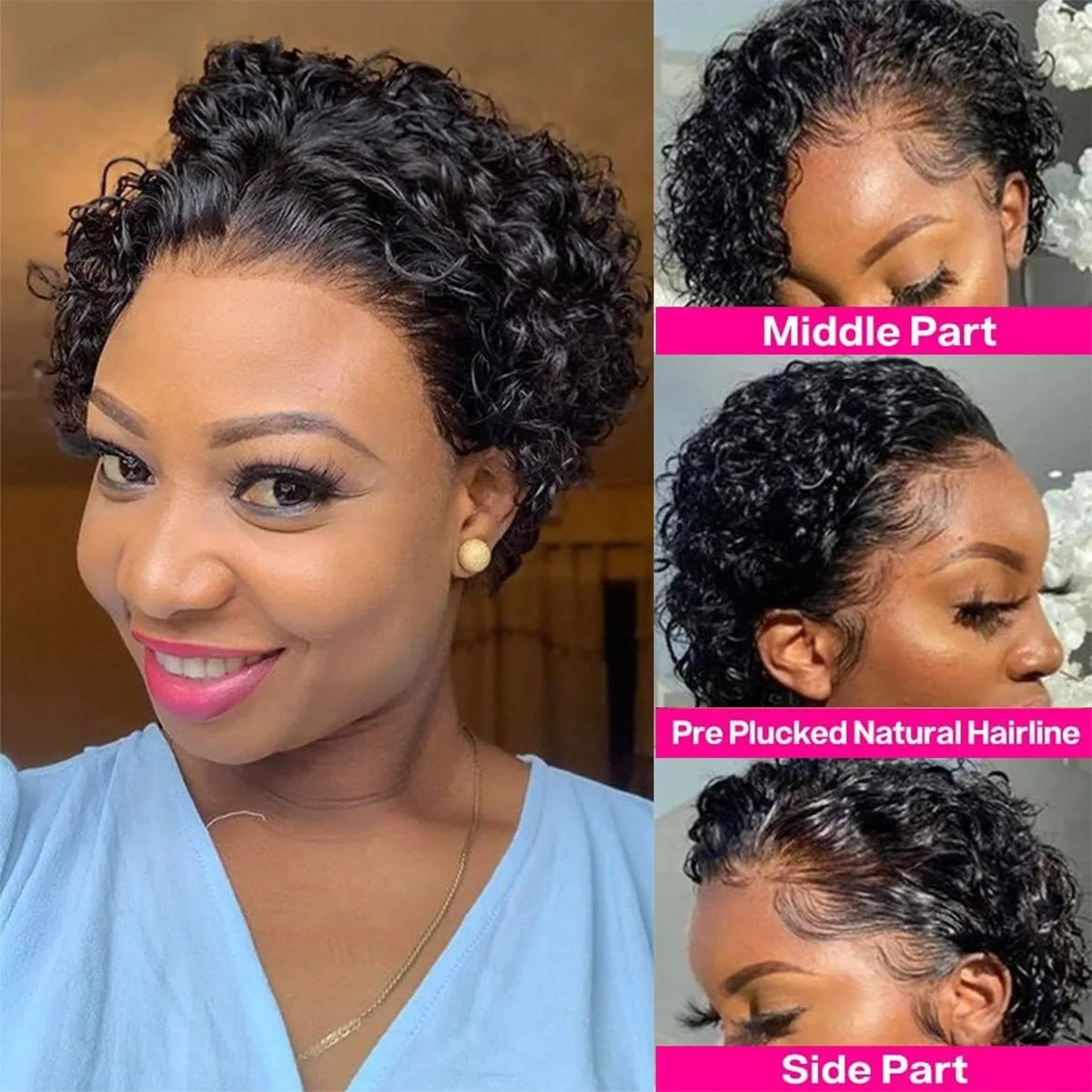 Natural Black Short Curly Bob Wig – 13x1 Lace Front 100% Human Hair