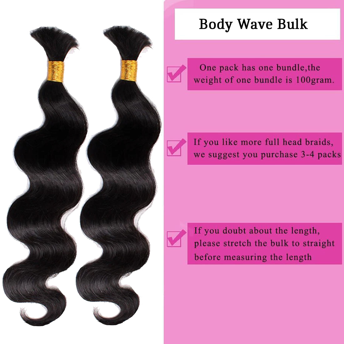 100% Human Hair Boho Braiding Hair - Body Wave Natural Black 100g/Bundle