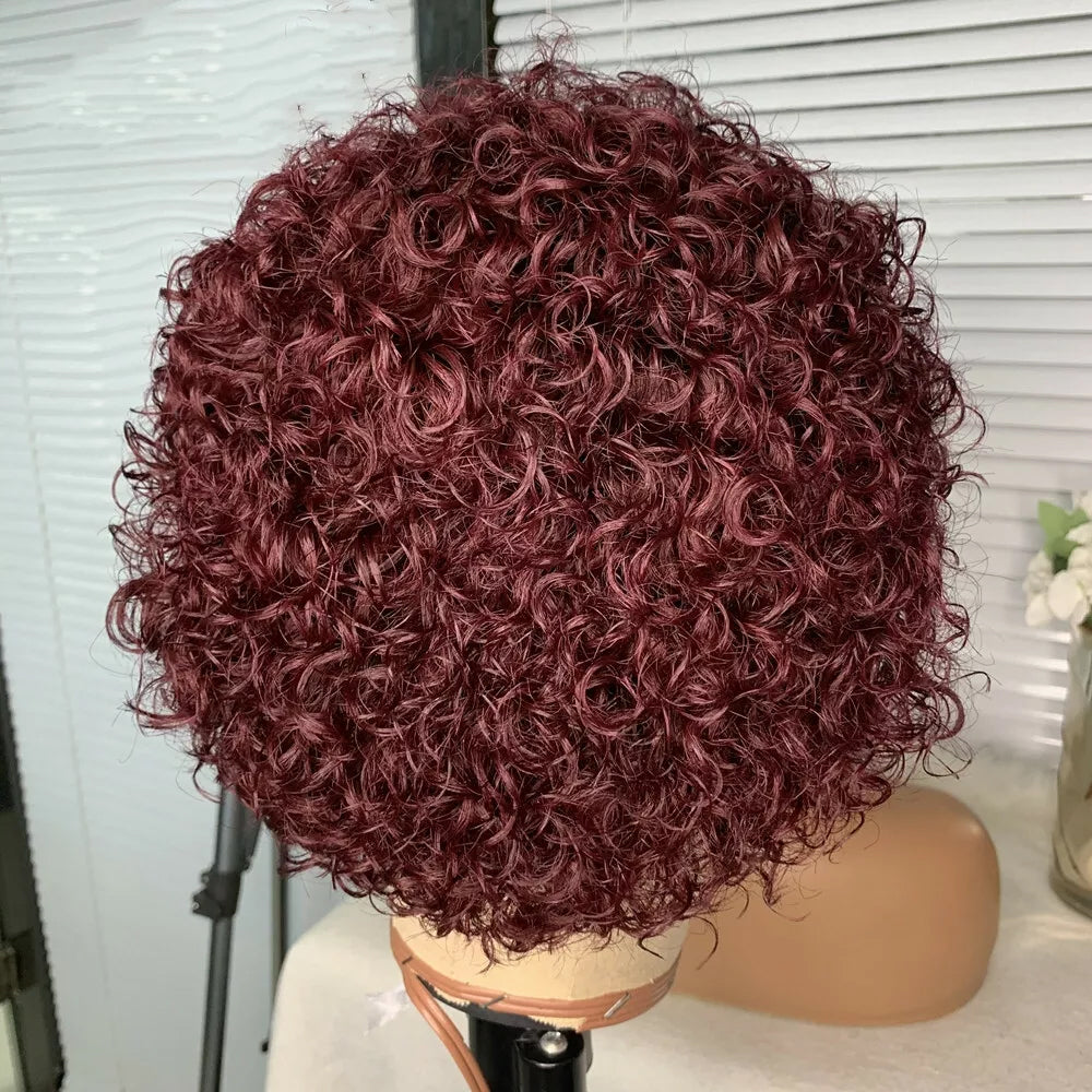 Burgundy Red Short Curly Bob Wig – 13x1 Lace Front 100% Human Hair