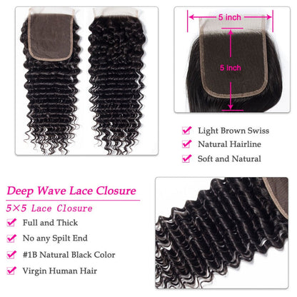 5x5 HD Lace Closure Deep Wave – Natural Black High Quality Human Hair | Pre-Plucked, Skin-Melt HD Lace