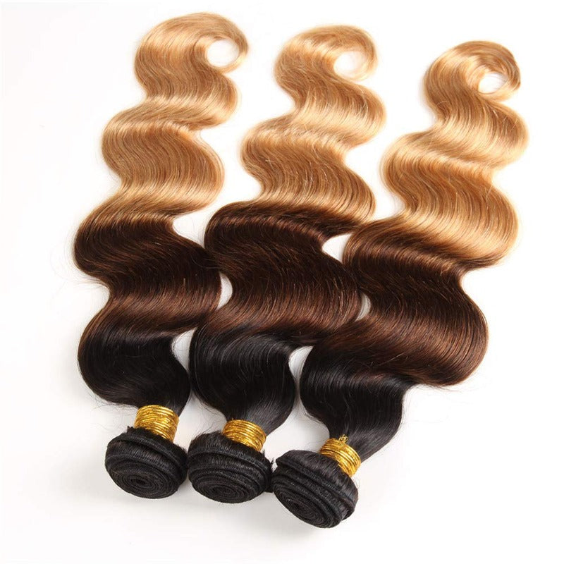 Ombre 1B/4/27 Body Wave 3 Bundles with Lace Closure 100% Virgin Human Hair