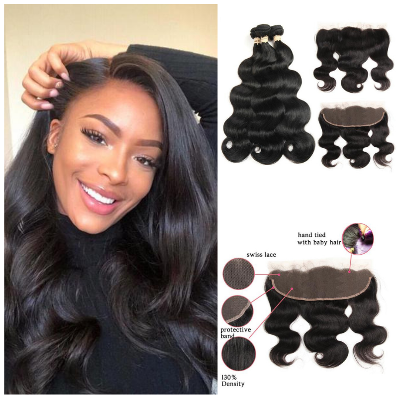 Ustar 7A Natural Black Virgin Body Wave Hair 3 Bundles with Frontal